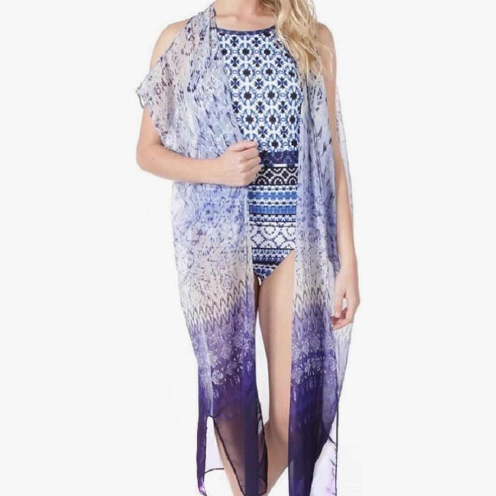 David & Young Juniors Cold Shoulder Open Front Printed Maxi Cover-Up O/S Blue/Wh